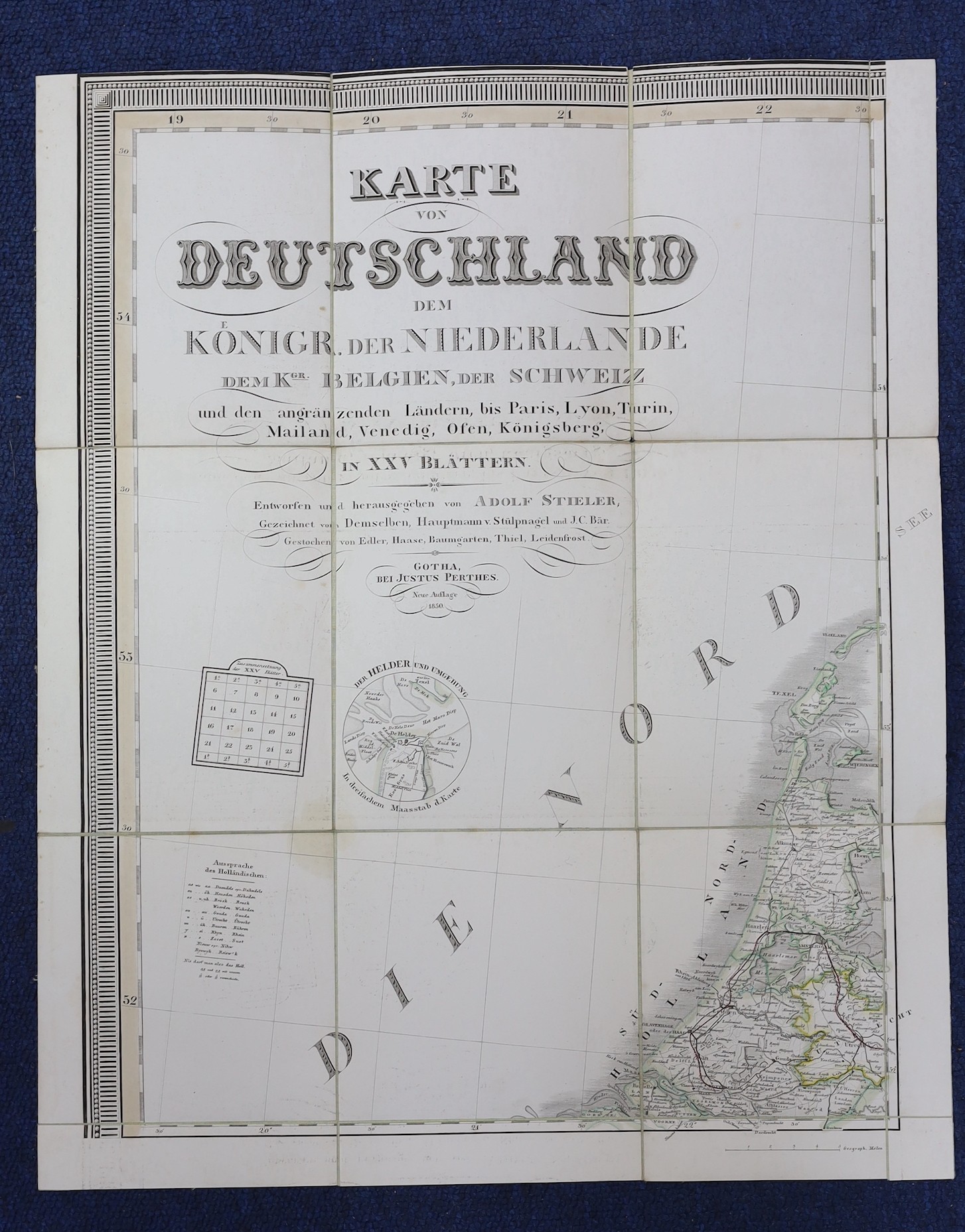 Stieler, Adolf - Germany, an incomplete set of 20 (of 25) engraved linen backed folding maps, coloured in outline, numbers 1-5, 11-25, dated 1850, 49.5 x 40.5cms. in badly damaged slip case, together with Parker, Joseph